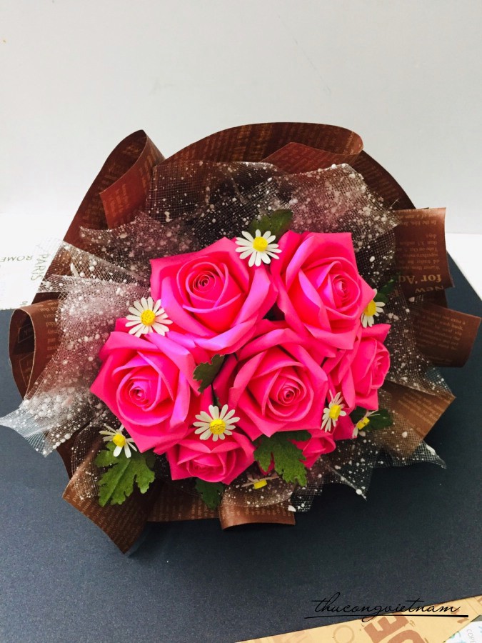 Bó Hoa Hông Giấy Mỹ Thuật 7 Bông - Hồng